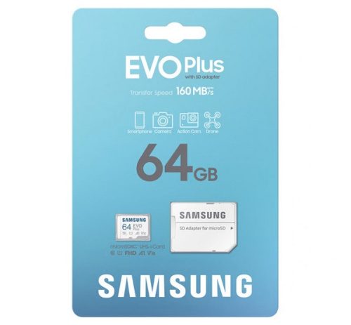 SAMSUNG memóriakártya 64GB (microSDXC EVOPlus Blue Wave - Class 10, UHS-1) + SD adapter