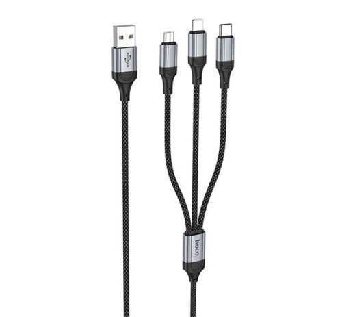 HOCO X102 adatkábel 3in1 (USB - lightning/microUSB/Type-C, 2.4A, 100cm, cipőfűző) FEKETE