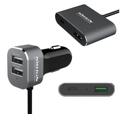 NILLKIN autós töltő 3 USB+Type-C aljzat (12W, PD gyorstöltő 3.0) FEKETE