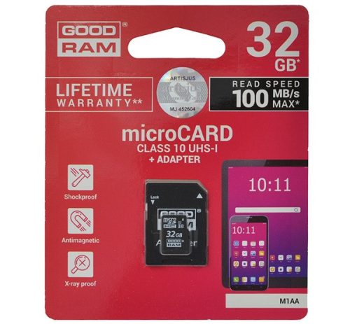 GOODRAM memóriakártya 32GB (microSDHC, Class 10, UHS-1, M1AA-0320R11 utód) + SD adapter