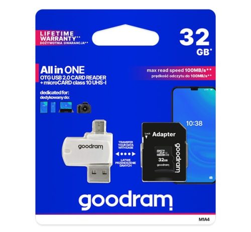 GOODRAM All In One memóriakártya 32GB (microSDHC EVO - Class 10, UHS-1) + SD adapter + USB kártyaolvasó