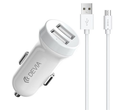 DEVIA autós töltő 2 USB aljzat (15W + microUSB kábel) FEHÉR