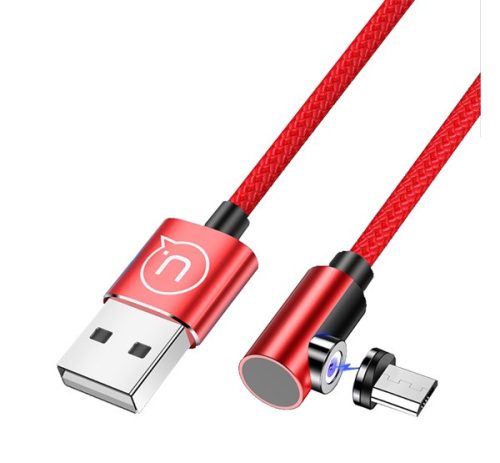 USAMS adatkábel (USB - microUSB mágneses csatlakozó, 100cm, cipőfűző) PIROS