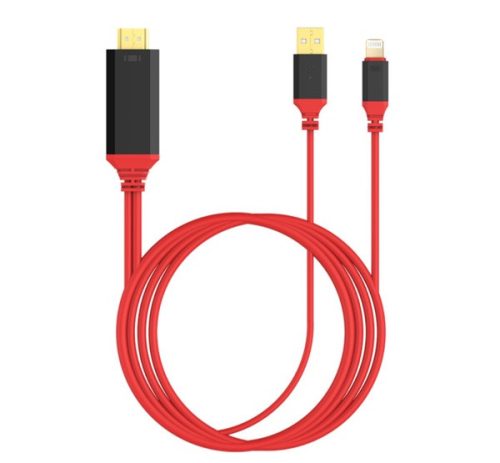 Adatkábel (HDMI - lightning/USB csatlakozó, töltés, 2A, 4K minőség, 200cm) PIROS